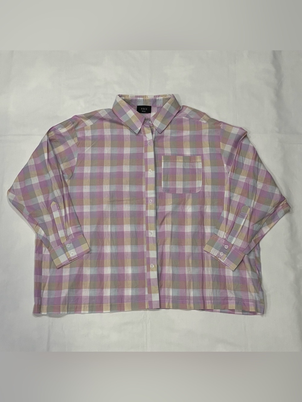 VICI Collection Plaid Checkered Button Up Shirt Womens Small Oversized Pastel